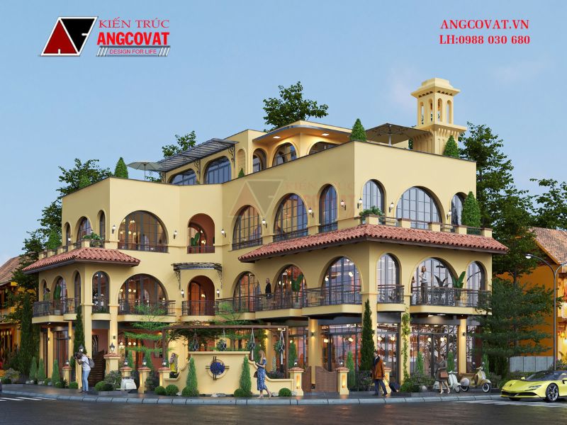 Phối cảnh ngoại thất thiết kế nhà hàng 3 tầng kiểu địa trung hải