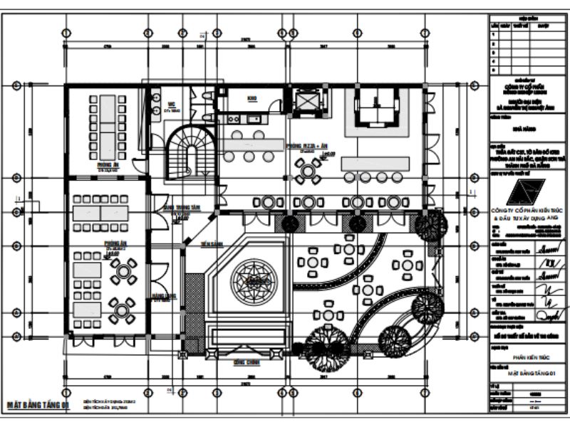 Mặt bằng tầng 1 nhà hàng 3 tầng kiến trúc Địa Trung Hải