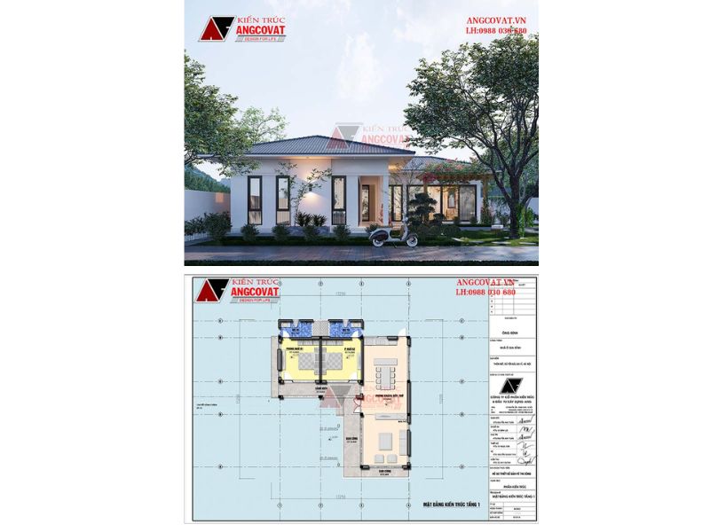 Thiết kế nhà 1 tầng mái nhật 120m2 hình chữ L