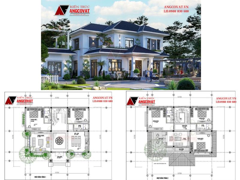 Mặt bằng nhà 2 tầng có 2 phòng ngủ ở khu vực tầng 1