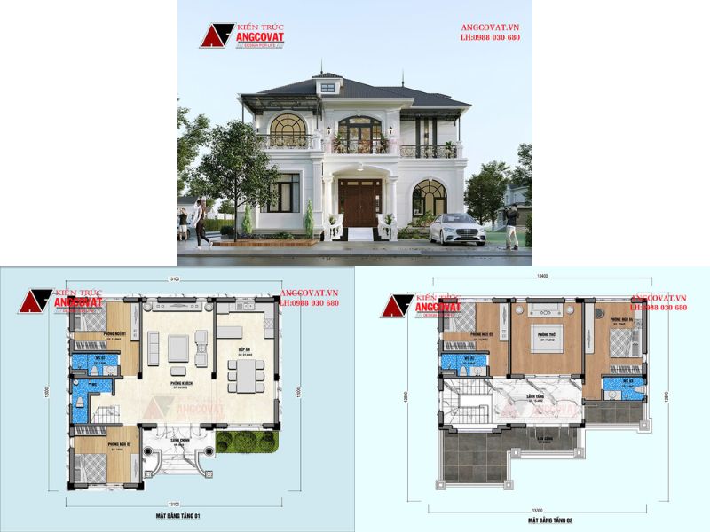 Mặt bằng nhà 2 tầng 120m2 mái Nhật 2 phòng ngủ ở tầng 1