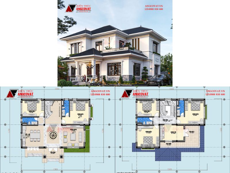 Mặt bằng nhà 2 tầng 130m2 mái Nhật 2 ngủ ở tầng 1