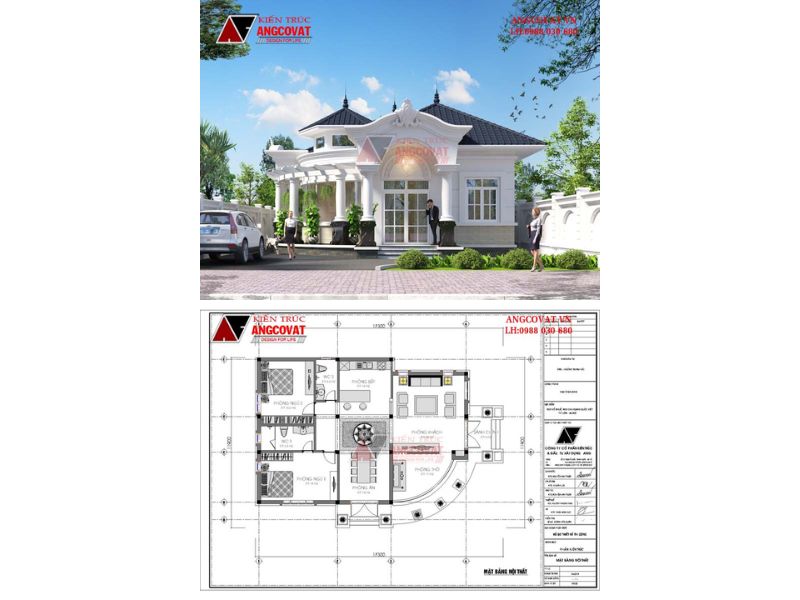 Kiến trúc nhà 1 tầng mái thái 90m2 2 phòng ngủ