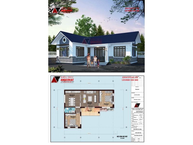 Công năng nhà 1 tầng mái thái 90m2 2 ngủ