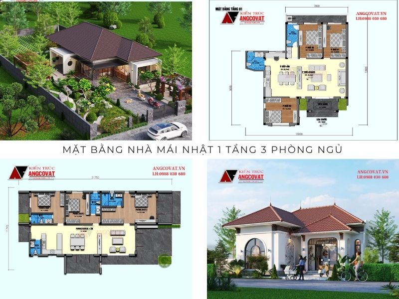 Chia sẻ các mẫu mặt bằng mái Nhật 1 tầng 3 phòng ngủ đẹp, tiện nghi