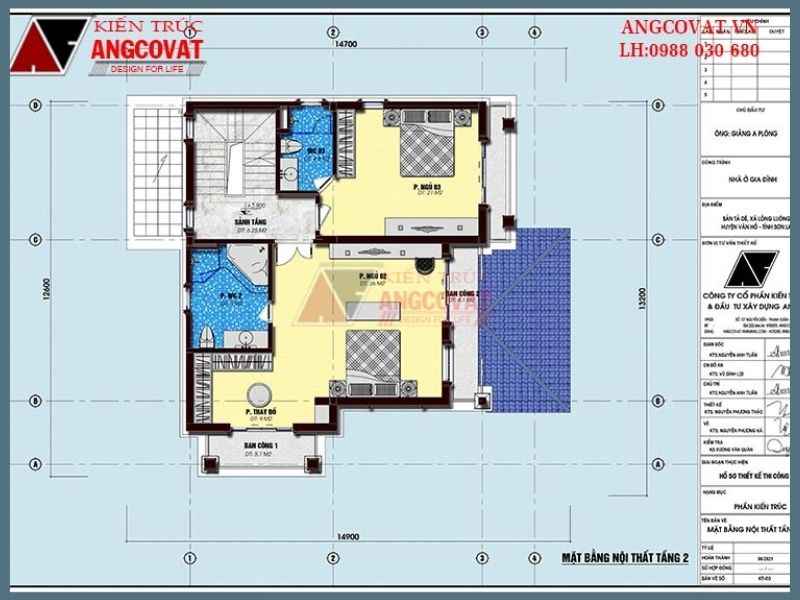Bản vẽ mặt bằng tầng 2 biệt thự nghỉ dưỡng mái thái 3 tầng 5 phòng ngủ 140m2