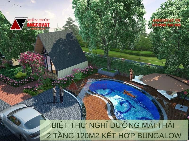 Cảnh quan sân vườn biệt thự nghỉ dưỡng mái thái 2 tầng 120m2 kết hợp bungalow