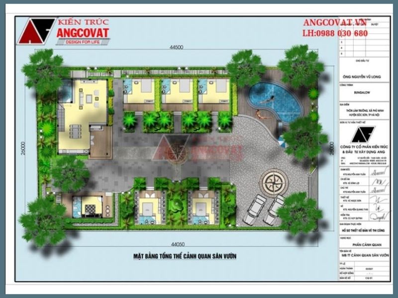 Bản vẽ mặt bằng tổng thể biệt thự nghỉ dưỡng mái thái 2 tầng 120m2 kết hợp bungalow 