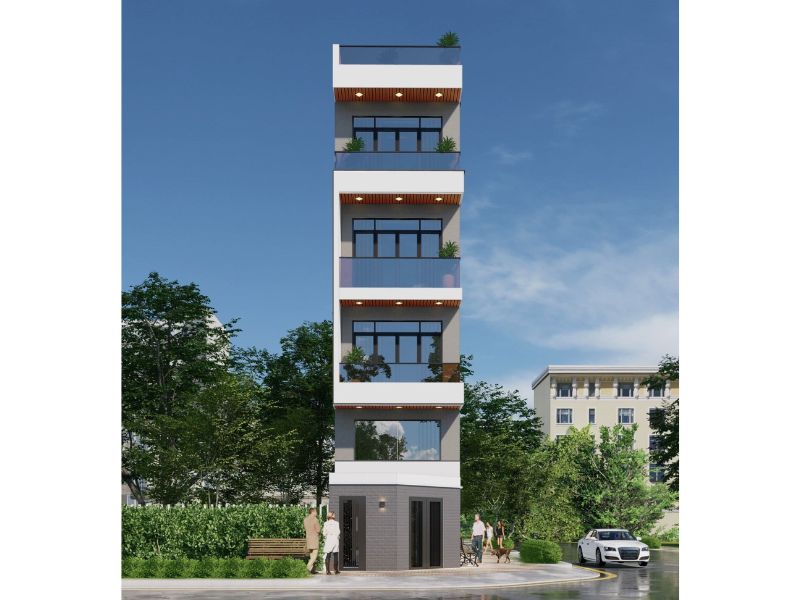 Mặt tiền chung cư mini 80m2 5x16m sử dụng vật liệu kính tăng cường khả năng tối ưu ánh sáng và thông gió 