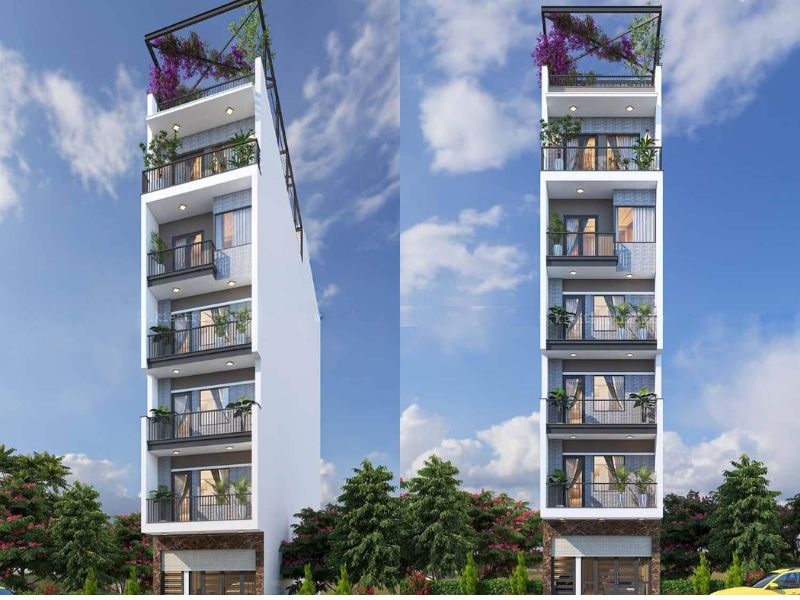 Hình ảnh 3D của mẫu thiết kế chung cư mini 80m2 5x16m hiện đại có sân thượng và chỗ để xe tiện lợi 