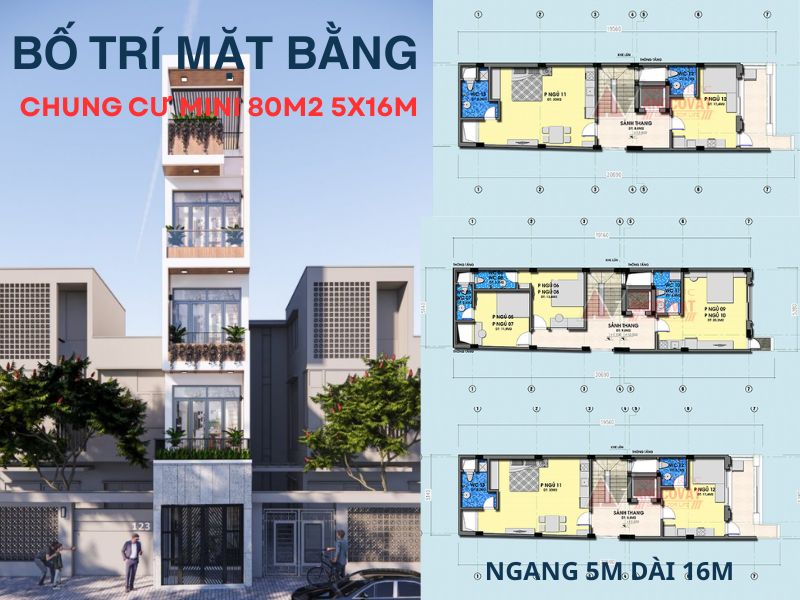 Bản vẽ mặt bằng thiết kế chung cư mini 80m2 ngang 5m dài 16m 