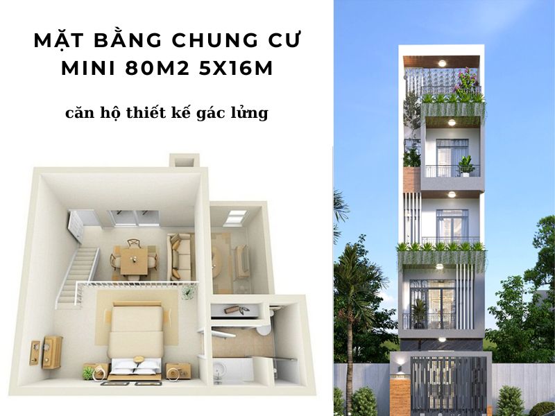 Bố trí căn hộ có gác lửng của chung cư mini 5x16m 80m2