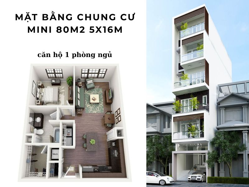 Mặt bằng căn hộ 1 phòng ngủ trong thiết kế chung cư mini 80m2 5x16m 
