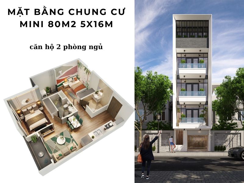 Bố trí mặt bằng căn hộ 2 phòng ngủ trong chung cư mini 80m2