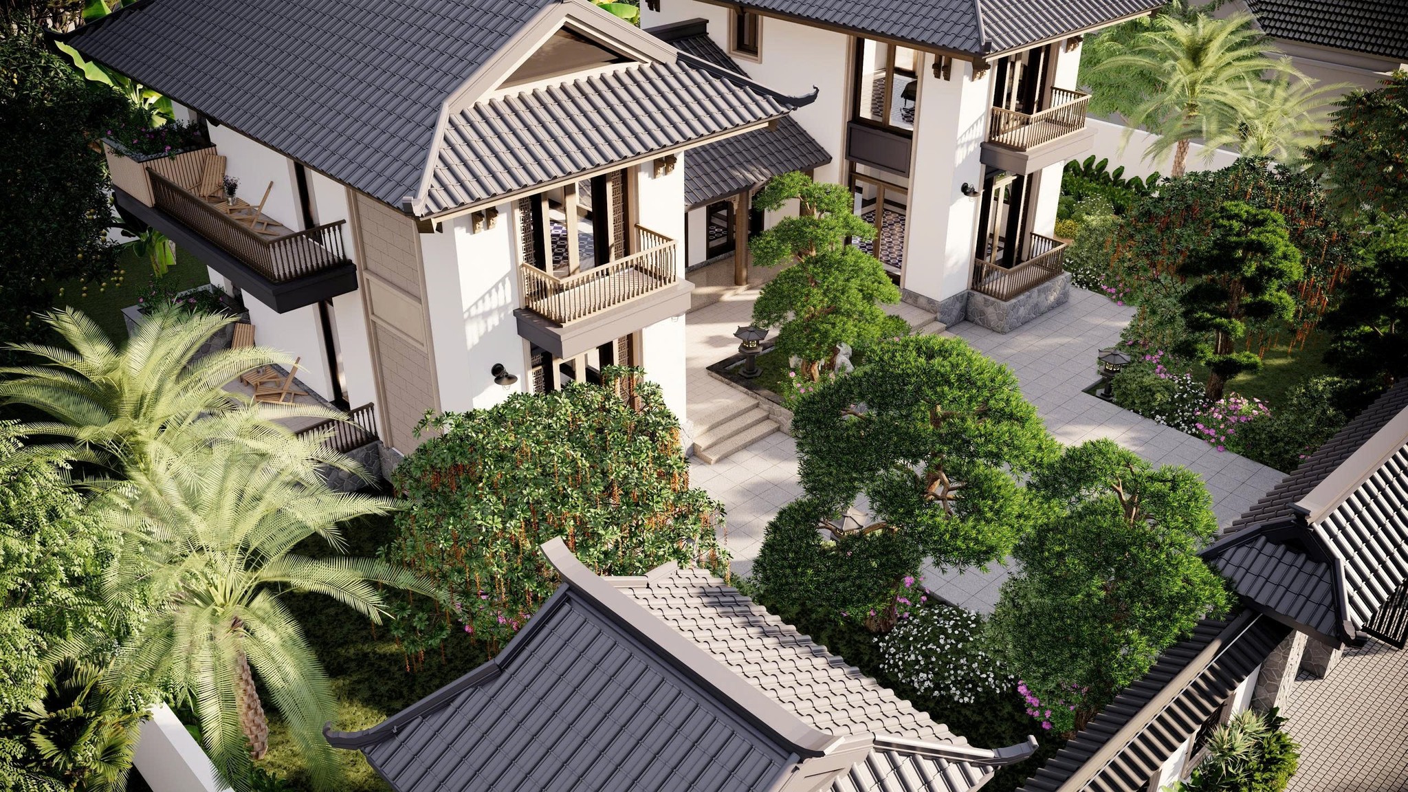 Nhà tam hợp viện sử dụng hệ mái ngói mũi thủ công truyền thống 