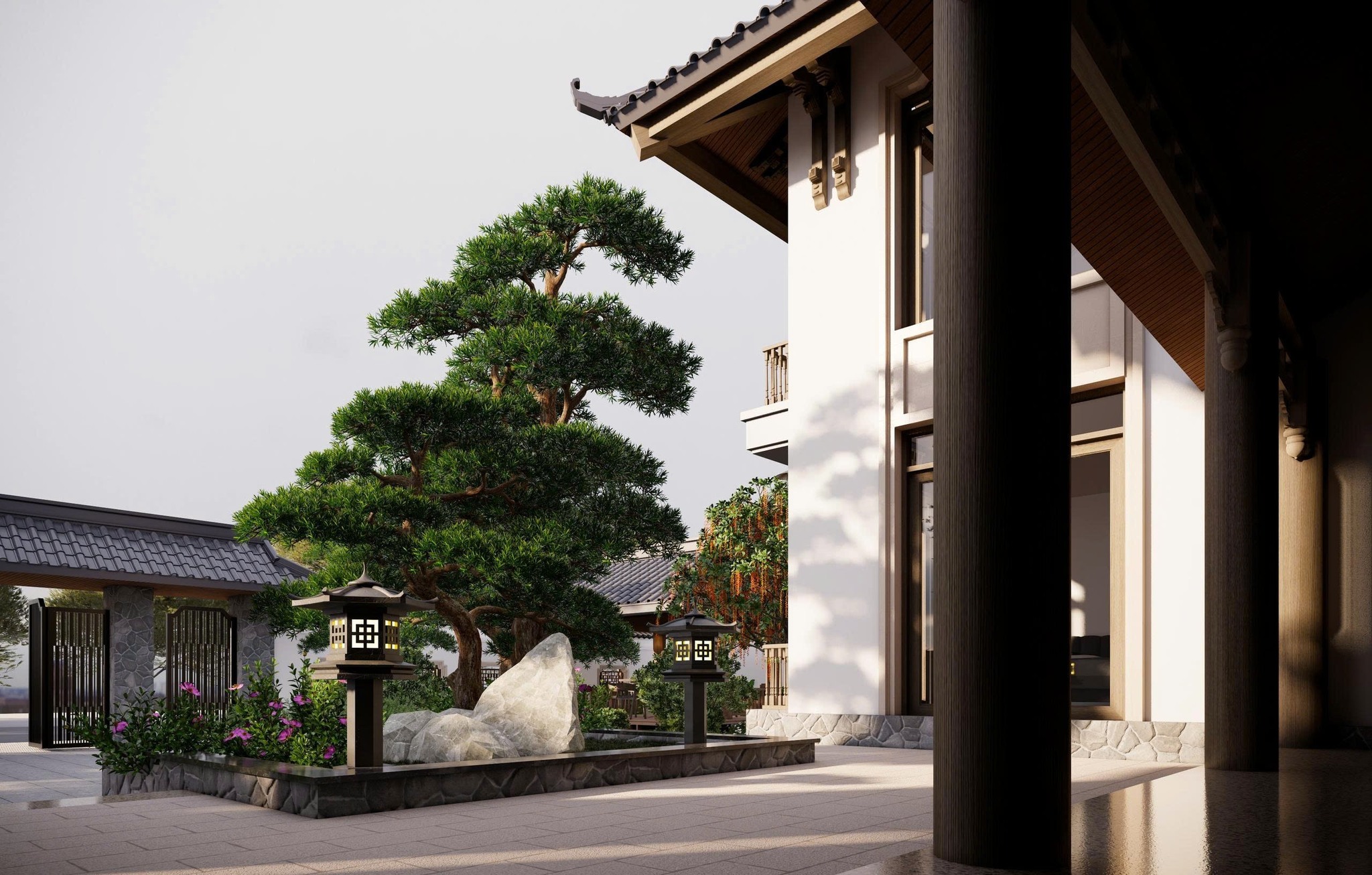 Khoảng sân trước lát gạch đá bền bỉ 