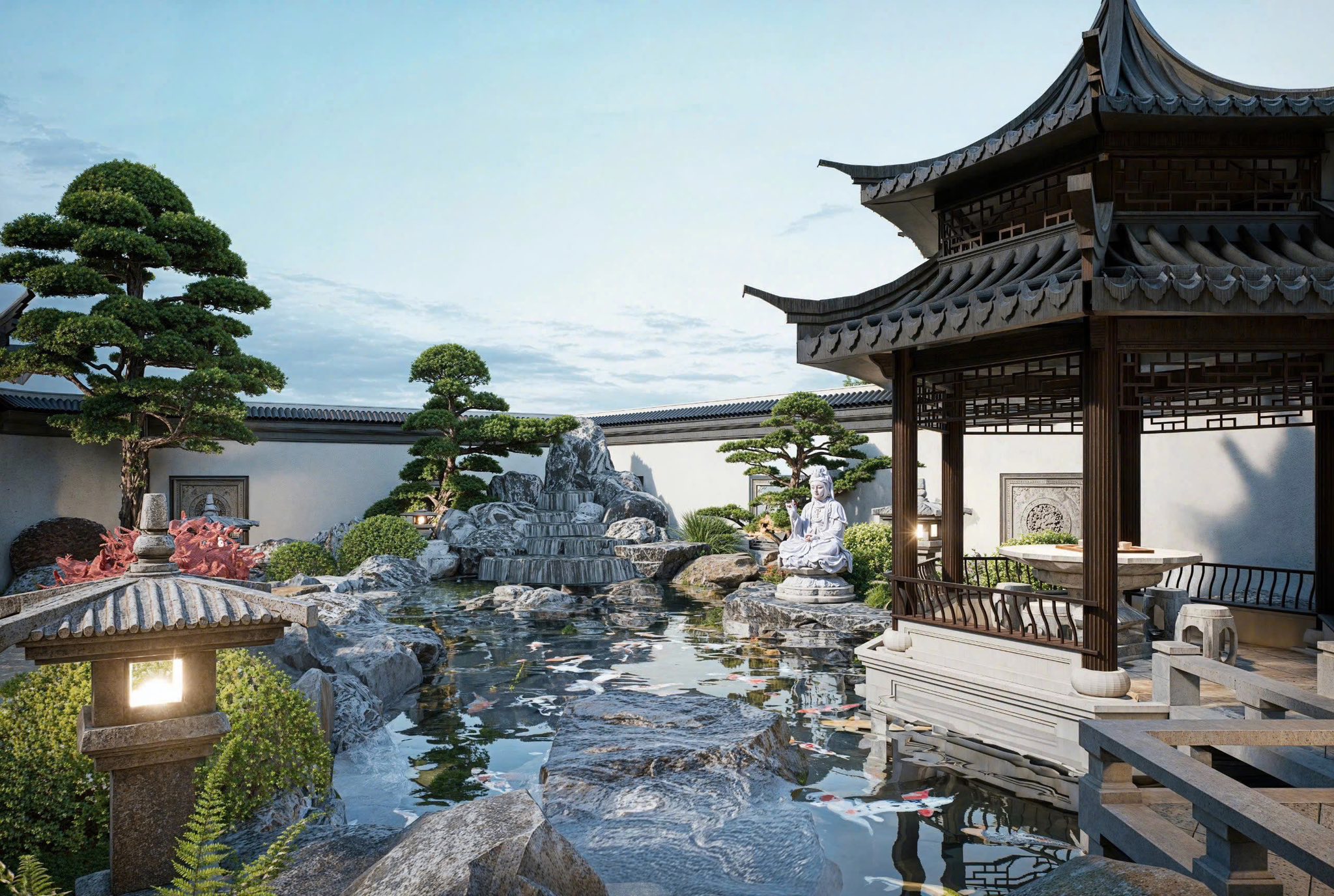 Tiểu cảnh hồ cá, thác nước sinh động