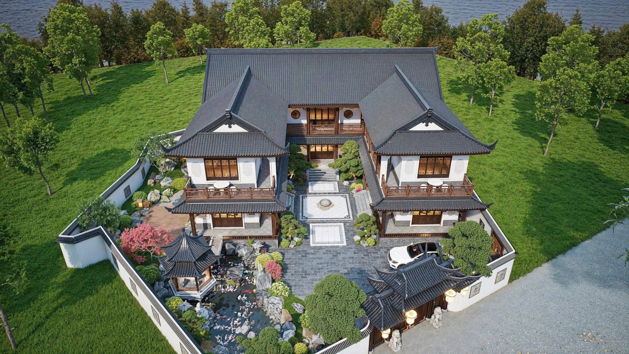 Phối cảnh nhà tam hợp viện 3 tầng thể hiện vị thế đẳng cấp