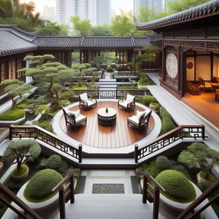 Hình ảnh sân vườn bố trí cây cảnh bonsai, bàn trà 