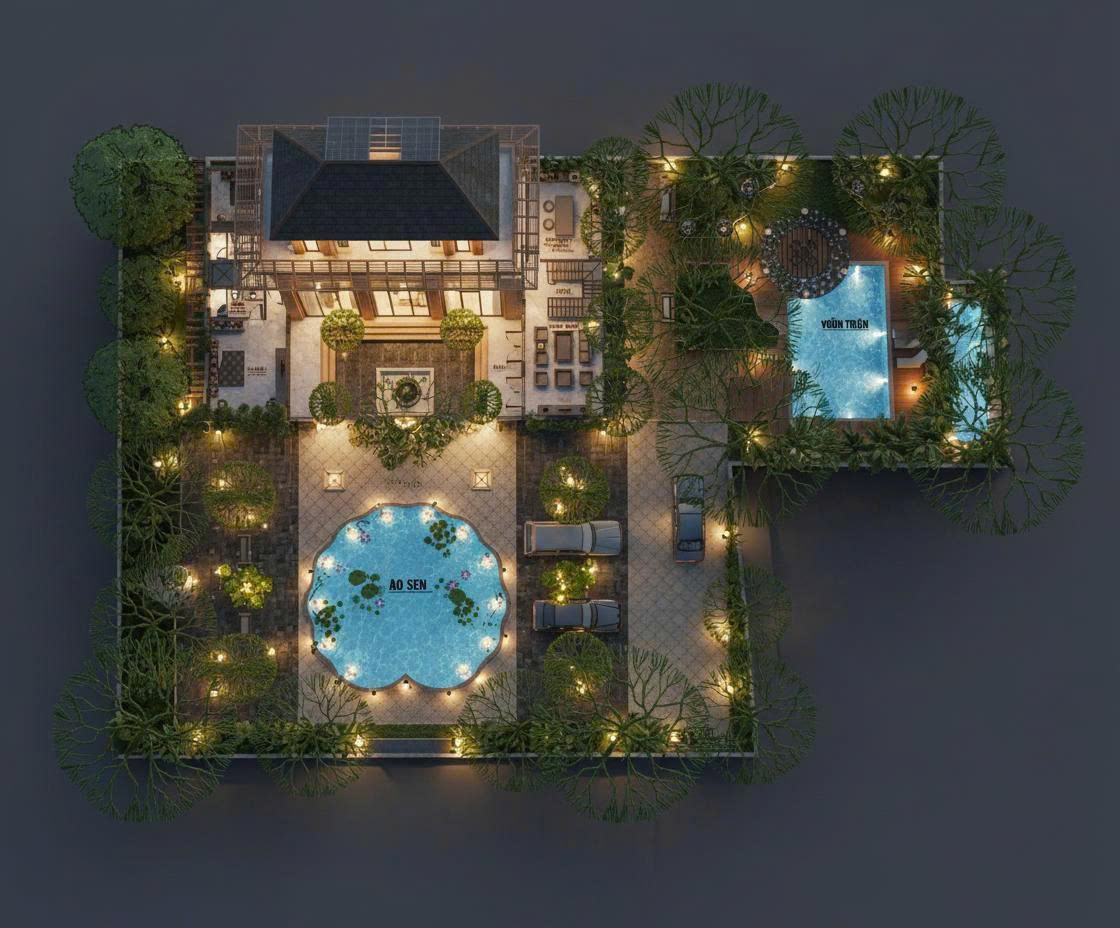 Mặt bằng nhà tam hợp viện thiết kế bể bơi vuông 