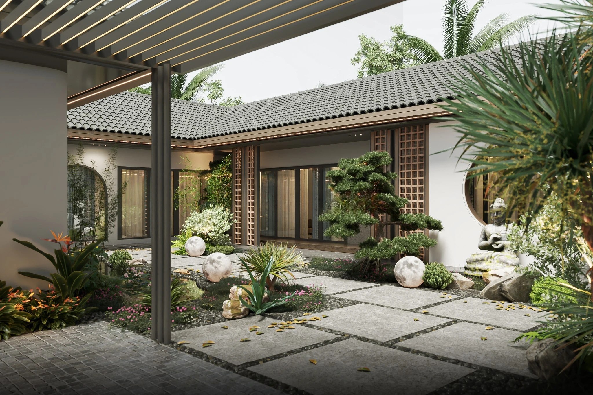 Khoảng trống chữ U được tận dụng bố trí tiểu cảnh đẹp mắt