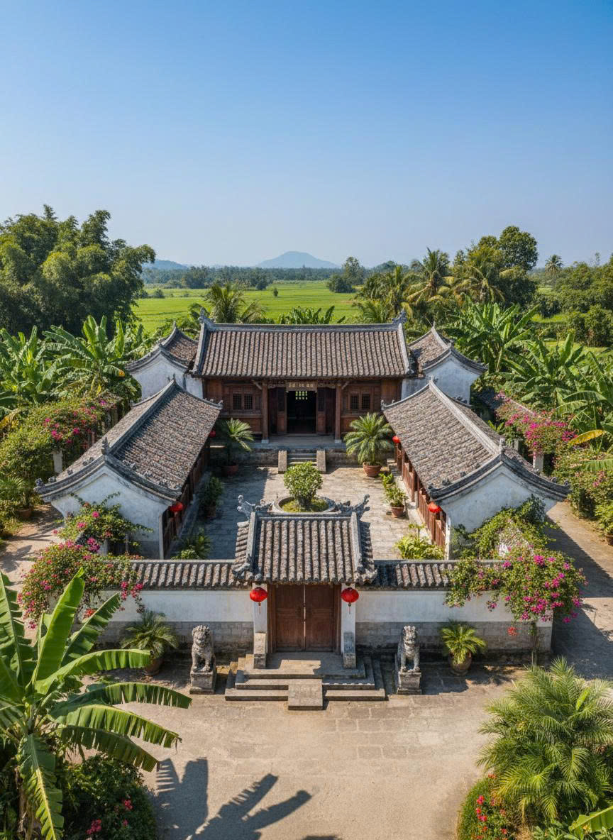 Kết cấu nhà chữ U ôm lấy khoảng sân nhà chính giữa tạo không gian sống ấm cúng, gần gũi 