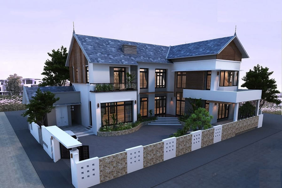 Thiết kế biệt thự 2 tầng chữ L đẹp 