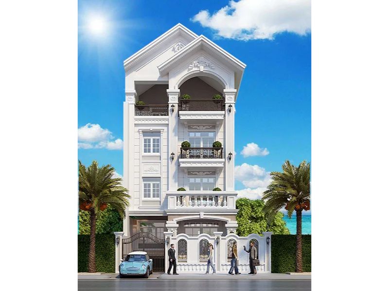 Thiết kế nhà ngang 8m dài 20m 4 tầng sử dụng các đường phào chỉ kẻ nét sang trọng
