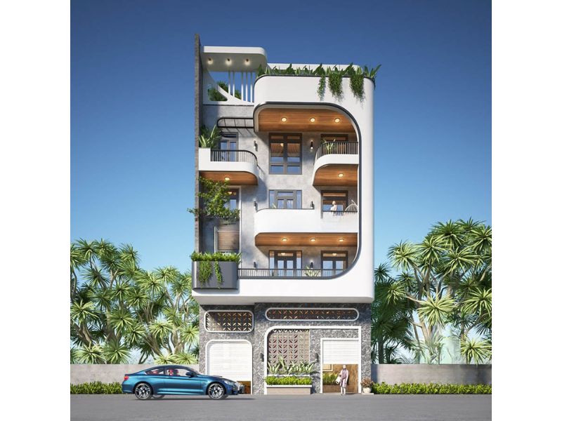 Kiến trúc hiện đại với những hình khối vuông vức linh hoạt được sử dụng trong mẫu nhà 8x20m 4 tầng 