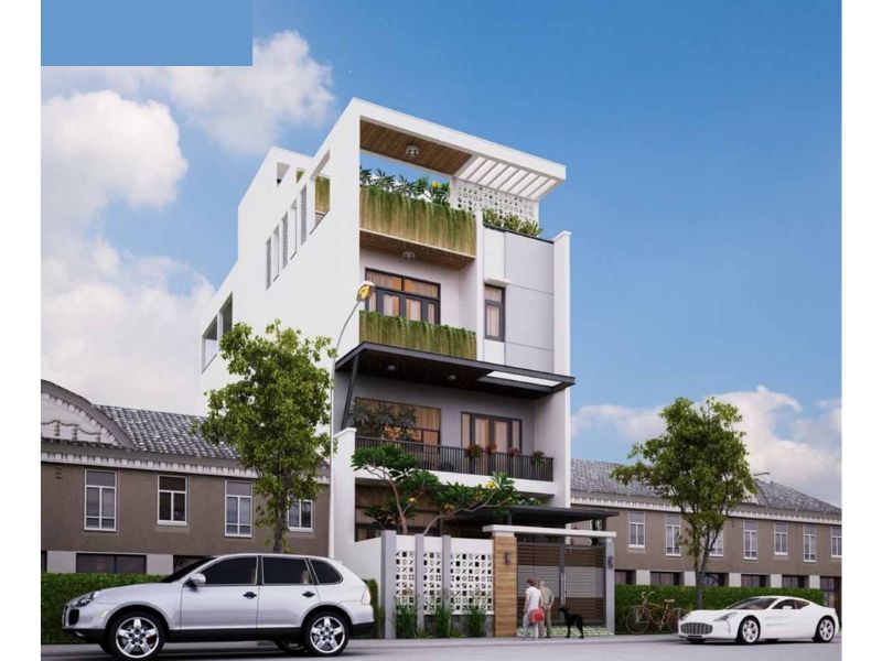 Mặt tiền mẫu nhà 8x20 4 tầng lồng ghép các mảng xanh tự nhiên