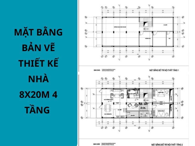 Mặt bằng tầng 1, 2 của thiết kế nhà 8x20m 4 tầng