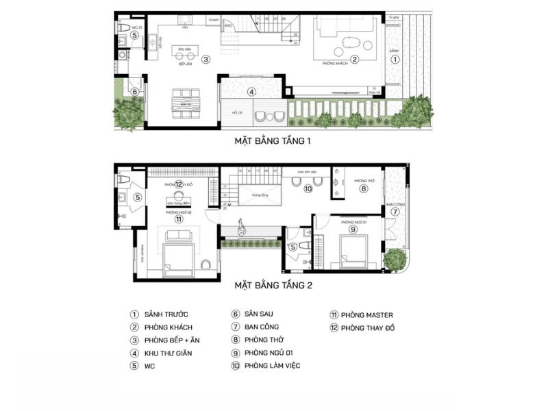 Mặt bằng nhà 2 tầng bố trí hài hòa với thiên nhiên