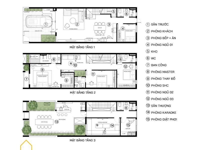 Phương án mặt bằng nhà 3 tầng 6x18m hiện đại