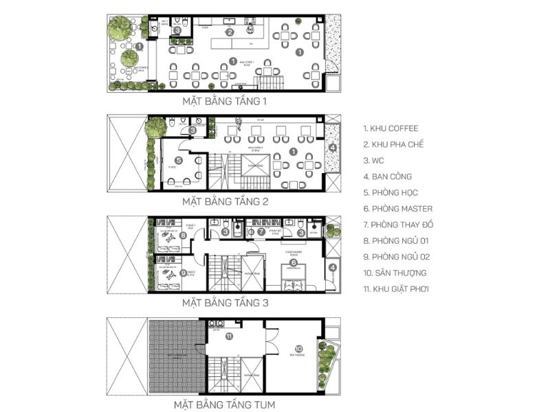 Phương án mặt bằng nhà 1 tum 3 tầng 6x18m hiện đại