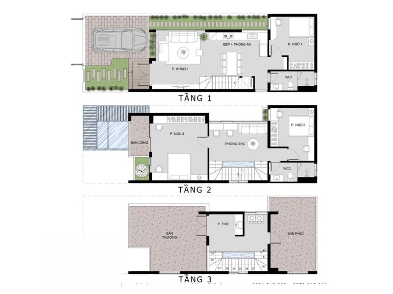 Phương án mặt bằng nhà có gara ô tô và sân vườn rộng