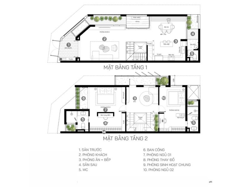 Mặt bằng nhà 2 tầng méo 6x18m