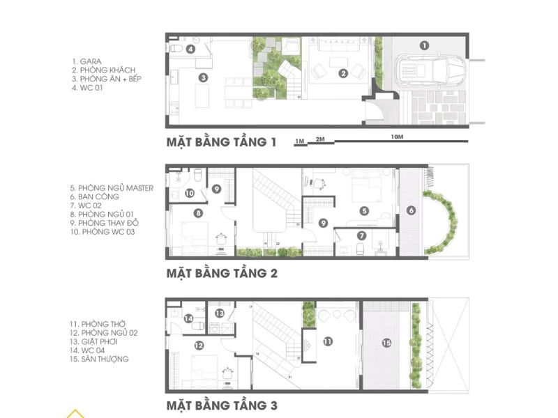 Mặt bằng nhà 3 tầng phong cách hiện đại