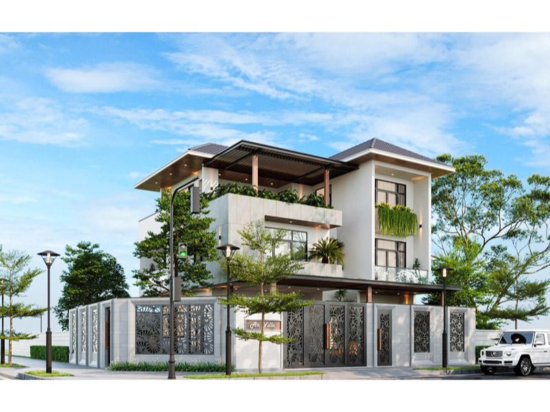 Thiết kế biệt thự 3 tầng 120m2 hiện đại với hệ mái Nhật giúp thoát nước mưa nhanh chóng và cách nhiệt hiệu quả