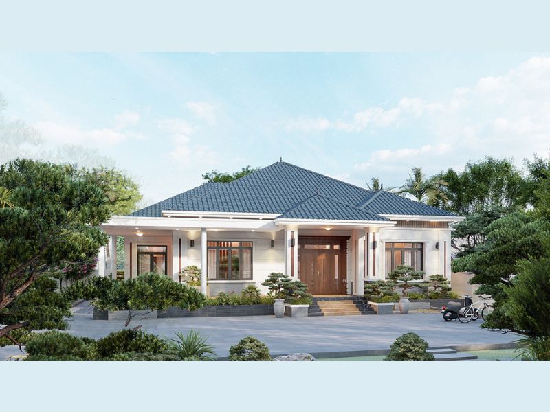 Ngoại thất sang trọng của mẫu nhà vườn 4 phòng ngủ mái Nhật