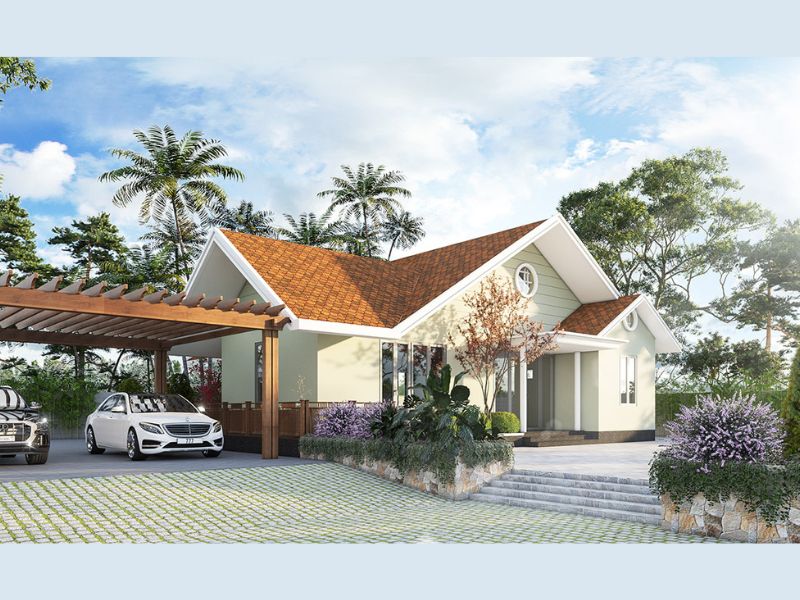 Nhà vườn cấp 4 mái ngói đỏ 4 phòng ngủ