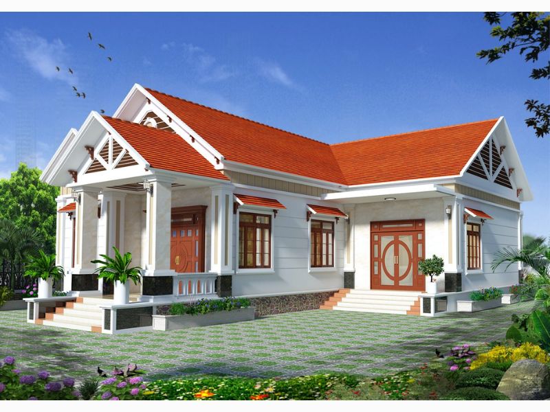 Bố cục chữ L trong mẫu nhà vườn 4 phòng ngủ 1 phòng khách giúp tối ưu công năng linh hoạt