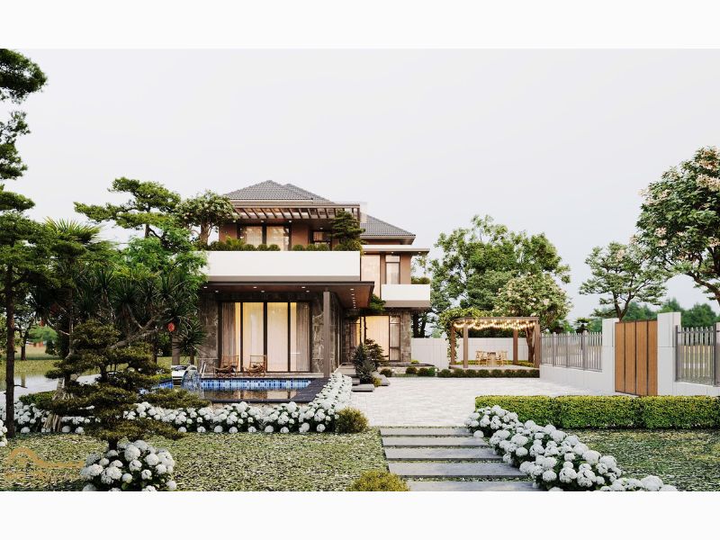 Mẫu nhà vườn 4 phòng ngủ chữ L mái Nhật sang trọng