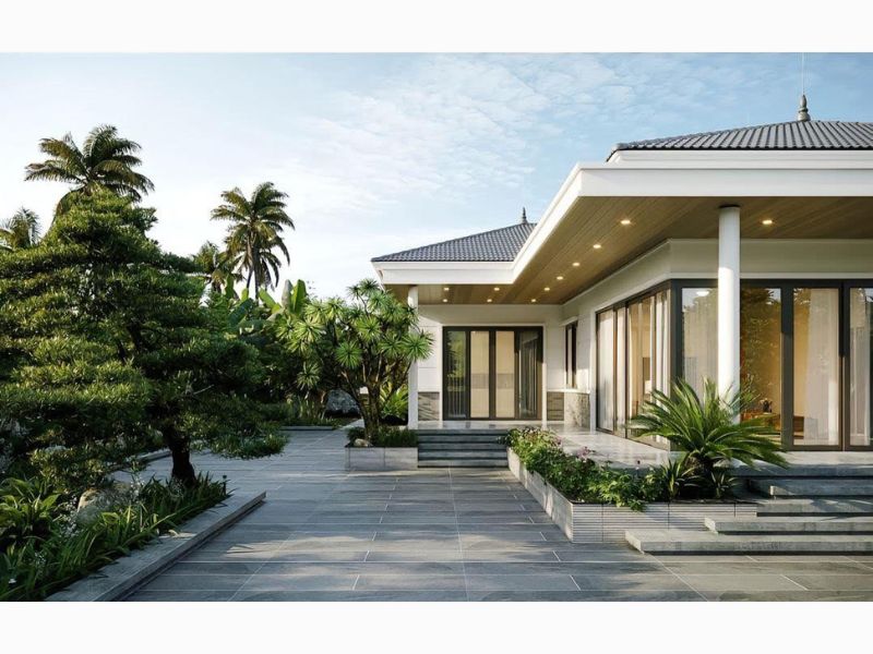 Thiết kế mẫu nhà vườn 4 phòng ngủ 1 phòng khách sử dụng hệ cửa kính tăng tính hiện đại