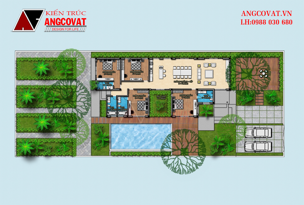 Mặt bằng nhà vườn 1 tầng 4 phòng ngủ 1 phòng khách khoa học, tiện nghi