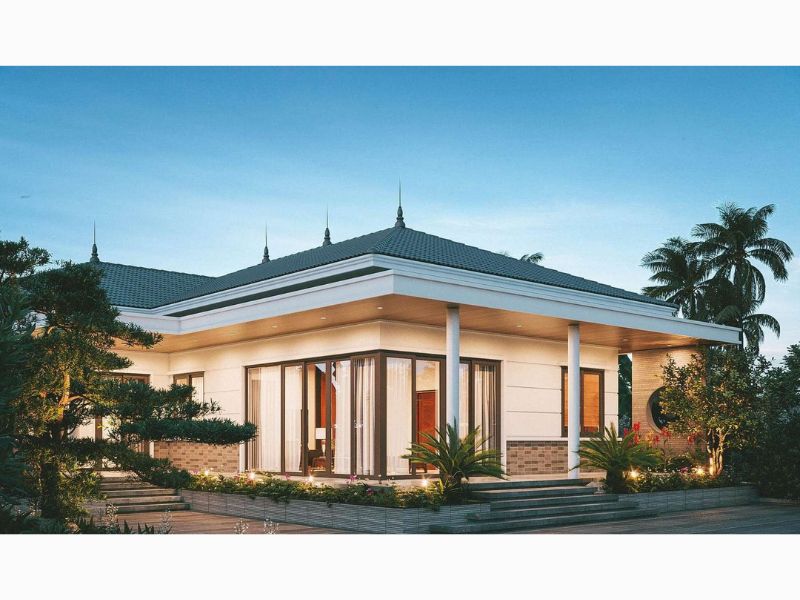Hình ảnh lung linh của mẫu nhà vườn 4 phòng ngủ 1 phòng khách khi đêm xuống