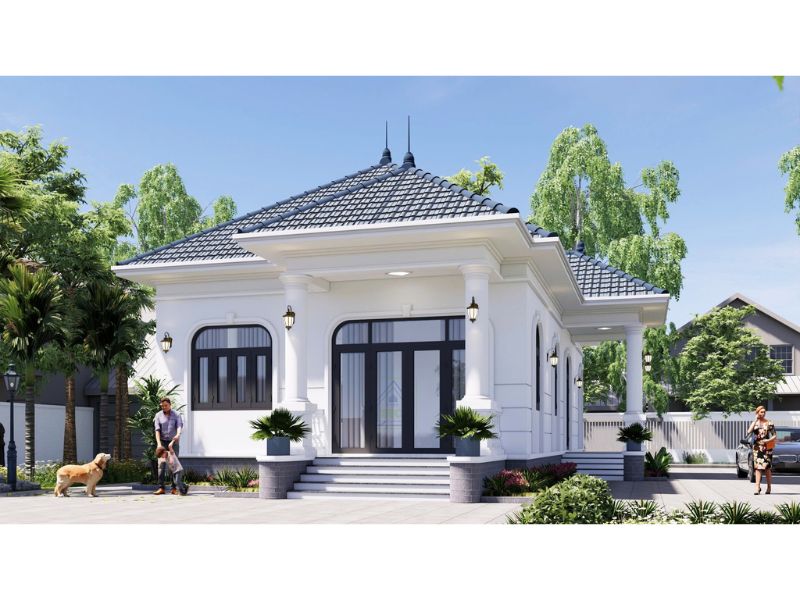 Xây nhà 1 tầng 3 phòng ngủ mái Nhật với màu trắng nổi bật
