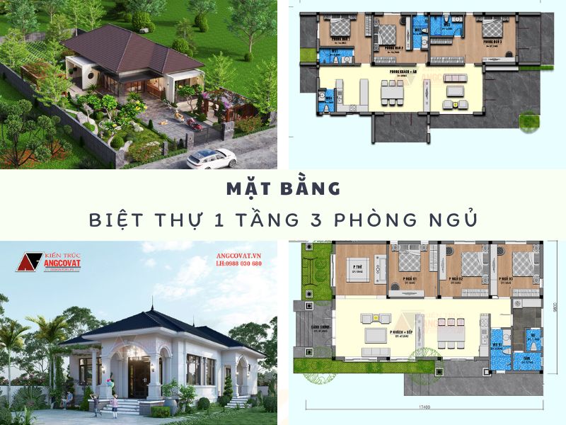 Mặt bằng biệt thự 1 tầng 3 phòng ngủ khoa học, tiện nghi