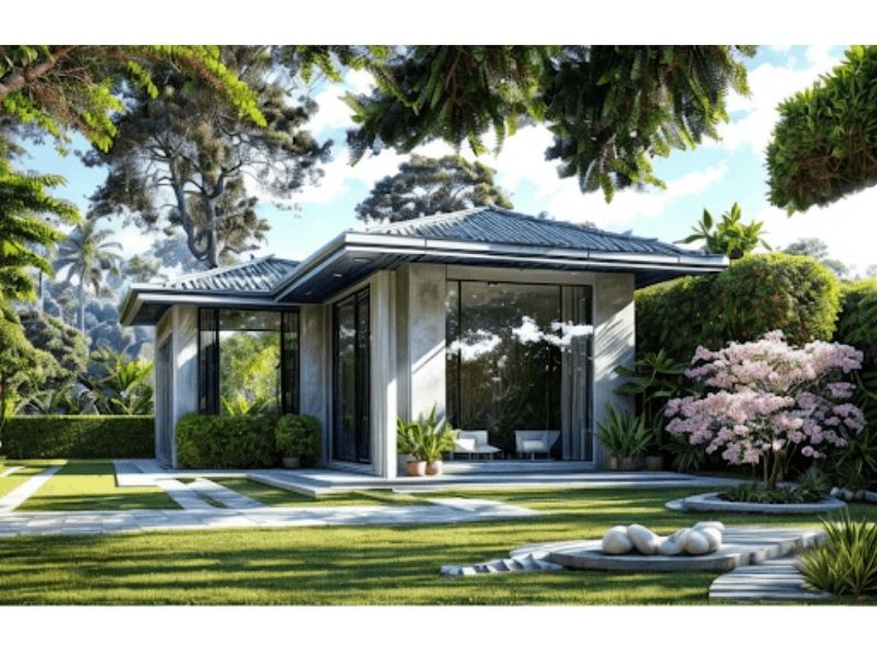 Mẫu nhà vườn 150m2 chữ L mái Nhật sang trọng