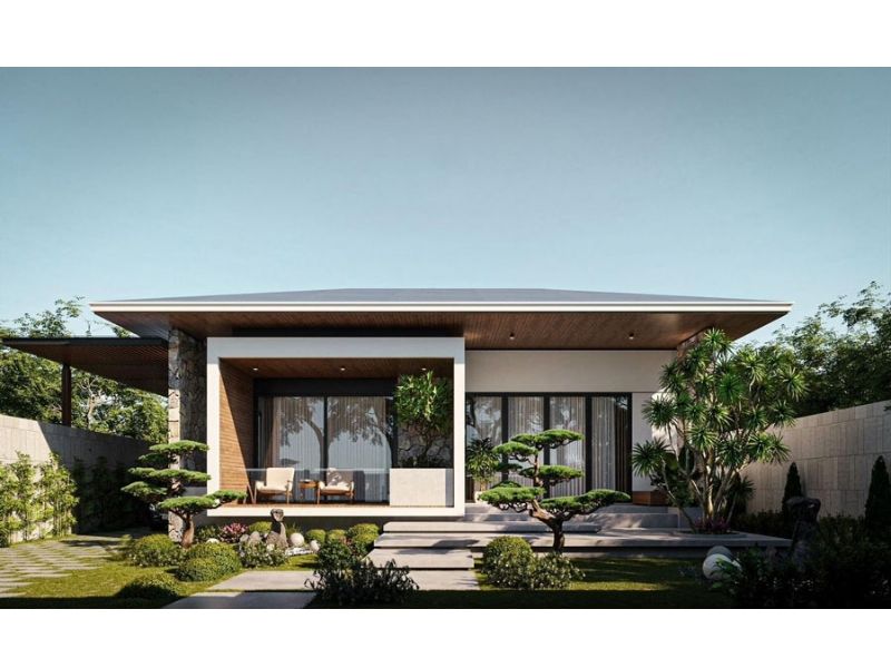 Mẫu biệt thự nhà vườn 150m2 1 tầng mái Nhật với hình khối vuông vức, đơn giản