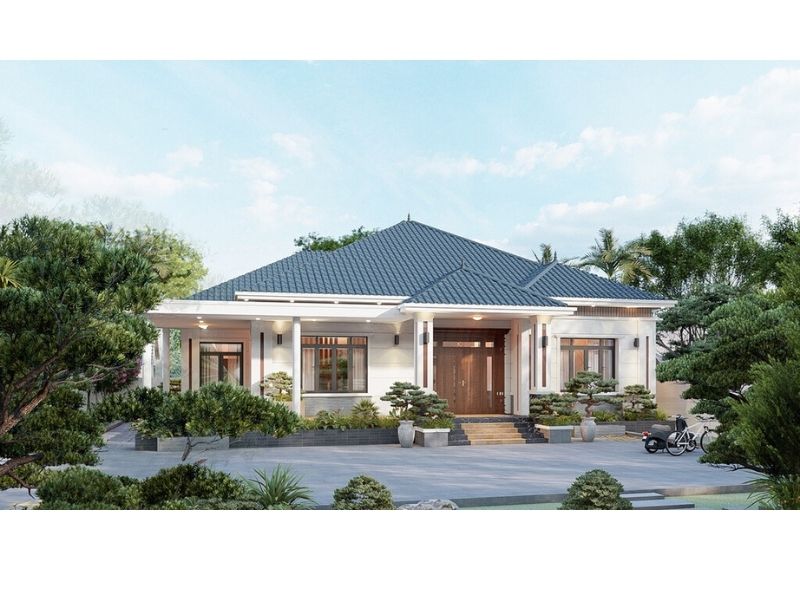 Mặt tiền thu hút của mẫu biệt thự nhà vườn 150m2 mái Nhật 1 tầng